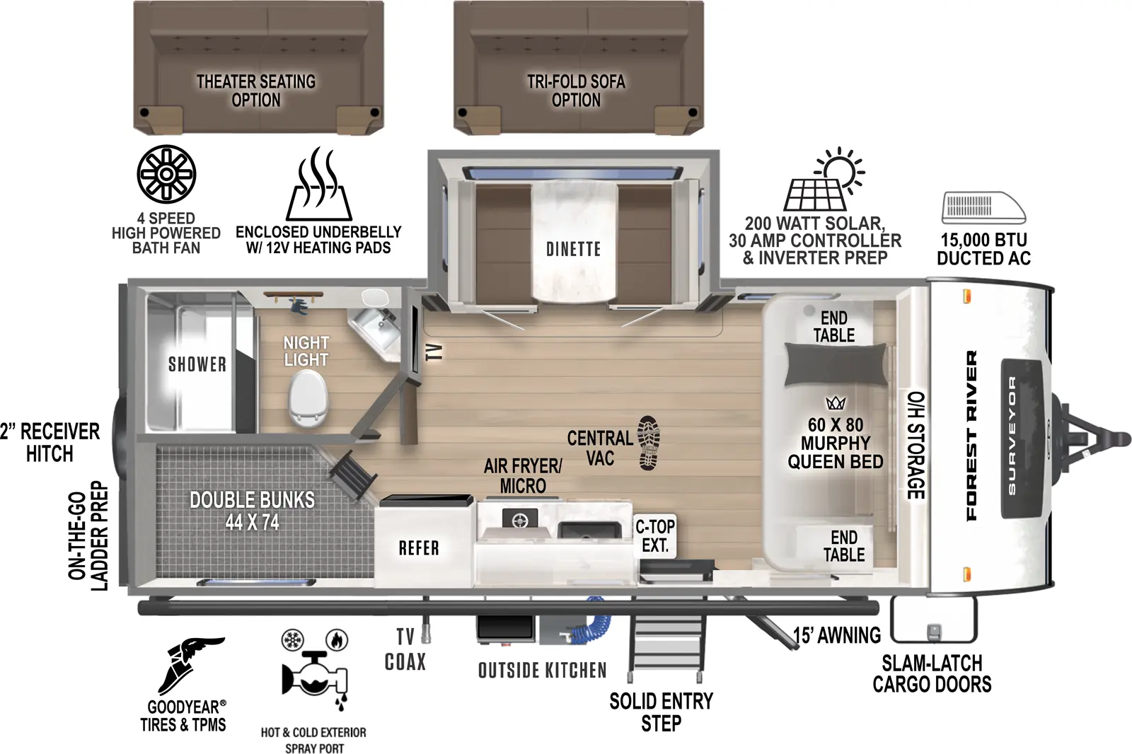 The Surveyor Legend 19MDBLE has one entry and one slide out. Exterior features include: fiberglass exterior, 15' awning and outside kitchen. Interiors features include: bunk beds and murphy bed.